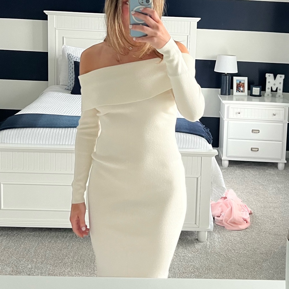 Amazon Off-Shoulder Cream Midi Dress